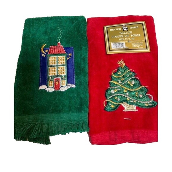 *Vintage 3 Christmas Embroidered Towels Set Red Green Comet Tree House 1 NWT - Picture 5 of 6